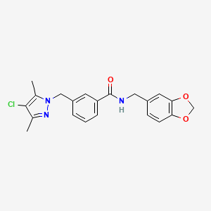molecular formula C21H20ClN3O3 B3450333 N-(1,3-benzodioxol-5-ylmethyl)-3-[(4-chloro-3,5-dimethyl-1H-pyrazol-1-yl)methyl]benzamide 