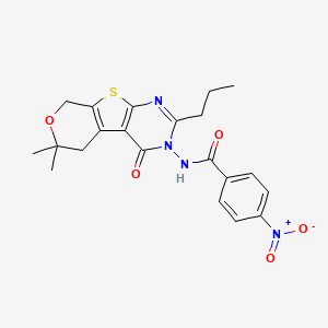 molecular formula C21H22N4O5S B3459569 N-(12,12-dimethyl-3-oxo-5-propyl-11-oxa-8-thia-4,6-diazatricyclo[7.4.0.02,7]trideca-1(9),2(7),5-trien-4-yl)-4-nitrobenzamide 