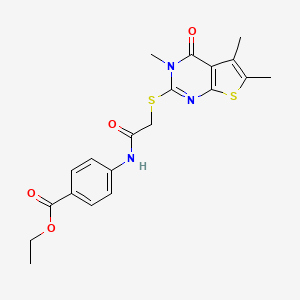 molecular formula C20H21N3O4S2 B3464426 Ethyl 4-({[(3,5,6-trimethyl-4-oxo-3,4-dihydrothieno[2,3-d]pyrimidin-2-yl)sulfanyl]acetyl}amino)benzoate 