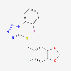 molecular formula C15H10ClFN4O2S B3465962 5-[(6-chloro-1,3-benzodioxol-5-yl)methylsulfanyl]-1-(2-fluorophenyl)tetrazole 