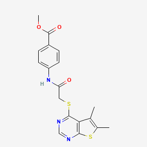 molecular formula C18H17N3O3S2 B3466571 Methyl 4-({[(5,6-dimethylthieno[2,3-d]pyrimidin-4-yl)sulfanyl]acetyl}amino)benzoate 