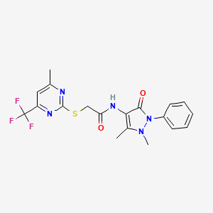 molecular formula C19H18F3N5O2S B3467090 N-(1,5-dimethyl-3-oxo-2-phenyl-2,3-dihydro-1H-pyrazol-4-yl)-2-{[4-methyl-6-(trifluoromethyl)pyrimidin-2-yl]sulfanyl}acetamide 