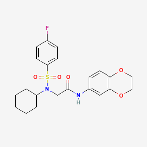 molecular formula C22H25FN2O5S B3469224 N~2~-cyclohexyl-N-(2,3-dihydro-1,4-benzodioxin-6-yl)-N~2~-[(4-fluorophenyl)sulfonyl]glycinamide 