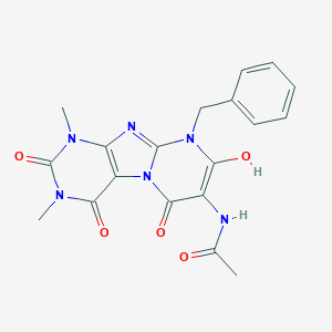molecular formula C19H18N6O5 B034693 ACETAMIDE,N-[1,2,3,4,8,9-HEXAHYDRO-6-HYDROXY-1,3-DIMETHYL-2,4,8-TRIOXO-9-BENZYLPYRIMIDO[2,1-F]PURIN-7-YL]- CAS No. 102212-60-2
