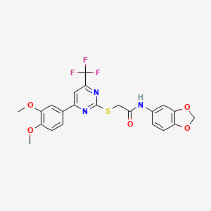 molecular formula C22H18F3N3O5S B3470207 N-(2H-1,3-BENZODIOXOL-5-YL)-2-{[4-(3,4-DIMETHOXYPHENYL)-6-(TRIFLUOROMETHYL)PYRIMIDIN-2-YL]SULFANYL}ACETAMIDE 