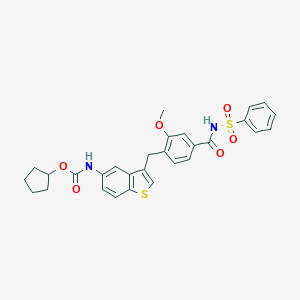 molecular formula C29H28N2O6S2 B034760 N-(4-((5-(((Cyclopentyloxy)carbonyl)amino)benzo(b)thien-3-yl)methyl)-3-methoxybenzoyl)benzenesulfonamide CAS No. 107786-74-3
