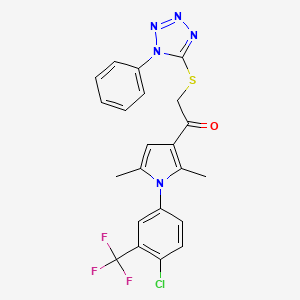molecular formula C22H17ClF3N5OS B3476705 1-{1-[4-chloro-3-(trifluoromethyl)phenyl]-2,5-dimethyl-1H-pyrrol-3-yl}-2-[(1-phenyl-1H-1,2,3,4-tetrazol-5-yl)sulfanyl]ethan-1-one 