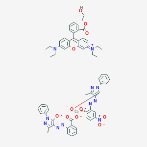 molecular formula C63H58CrN11O11 B034890 Chromium(3+);[6-(diethylamino)-9-[2-(2-hydroxyethoxycarbonyl)phenyl]xanthen-3-ylidene]-diethylazanium;5-methyl-4-[(5-nitro-2-oxidophenyl)diazenyl]-2-phenylpyrazol-3-olate;2-[(3-methyl-5-oxido-1-phenylpyrazol-4-yl)diazenyl]benzoate CAS No. 103671-34-7