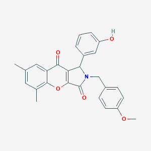 molecular formula C27H23NO5 B349096 1-(3-Hydroxyphenyl)-2-(4-methoxybenzyl)-5,7-dimethyl-1,2-dihydrochromeno[2,3-c]pyrrole-3,9-dione CAS No. 880396-56-5