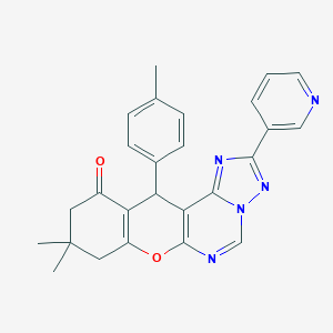molecular formula C26H23N5O2 B349213 9,9-dimethyl-12-(4-methylphenyl)-2-(3-pyridinyl)-8,9,10,12-tetrahydro-11H-chromeno[3,2-e][1,2,4]triazolo[1,5-c]pyrimidin-11-one CAS No. 902317-14-0