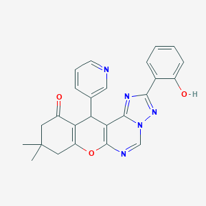 molecular formula C25H21N5O3 B349214 2-(2-hydroxyphenyl)-9,9-dimethyl-12-(3-pyridinyl)-8,9,10,12-tetrahydro-11H-chromeno[3,2-e][1,2,4]triazolo[1,5-c]pyrimidin-11-one CAS No. 903207-82-9