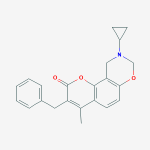molecular formula C22H21NO3 B349224 3-benzyl-9-cyclopropyl-4-methyl-9,10-dihydro-2H,8H-chromeno[8,7-e][1,3]oxazin-2-one CAS No. 904005-66-9