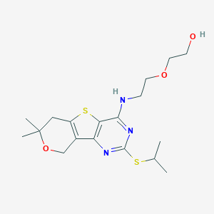 molecular formula C18H27N3O3S2 B349228 2-(2-{[2-(isopropylsulfanyl)-7,7-dimethyl-6,9-dihydro-7H-pyrano[3',4':4,5]thieno[3,2-d]pyrimidin-4-yl]amino}ethoxy)ethanol CAS No. 903860-82-2