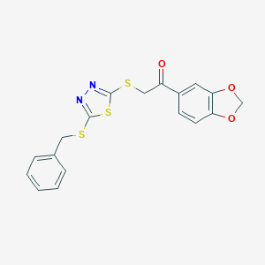 molecular formula C18H14N2O3S3 B349409 1-(1,3-Benzodioxol-5-yl)-2-{[5-(benzylsulfanyl)-1,3,4-thiadiazol-2-yl]sulfanyl}ethanone CAS No. 477333-47-4