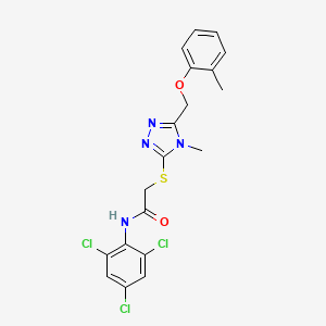 molecular formula C19H17Cl3N4O2S B3497841 2-({4-methyl-5-[(2-methylphenoxy)methyl]-4H-1,2,4-triazol-3-yl}sulfanyl)-N-(2,4,6-trichlorophenyl)acetamide 