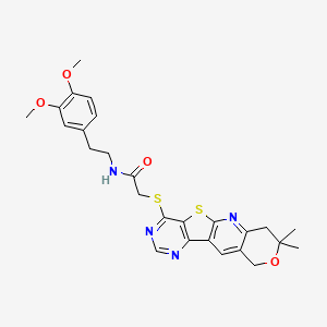 molecular formula C26H28N4O4S2 B3499687 N-[2-(3,4-dimethoxyphenyl)ethyl]-2-[(5,5-dimethyl-6-oxa-17-thia-2,12,14-triazatetracyclo[8.7.0.03,8.011,16]heptadeca-1,3(8),9,11,13,15-hexaen-15-yl)sulfanyl]acetamide 