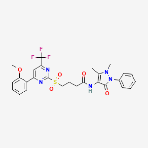 molecular formula C27H26F3N5O5S B3501549 N-(1,5-dimethyl-3-oxo-2-phenyl-2,3-dihydro-1H-pyrazol-4-yl)-4-{[4-(2-methoxyphenyl)-6-(trifluoromethyl)pyrimidin-2-yl]sulfonyl}butanamide 