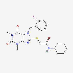 molecular formula C22H26FN5O3S B3502732 N-CYCLOHEXYL-2-({7-[(2-FLUOROPHENYL)METHYL]-1,3-DIMETHYL-2,6-DIOXO-2,3,6,7-TETRAHYDRO-1H-PURIN-8-YL}SULFANYL)ACETAMIDE 