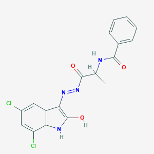 molecular formula C18H14Cl2N4O3 B352438 N-{2-[2-(5,7-dichloro-2-oxo-1,2-dihydro-3H-indol-3-ylidene)hydrazino]-1-methyl-2-oxoethyl}benzamide 