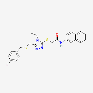 molecular formula C24H23FN4OS2 B3524545 2-[[4-ethyl-5-[(4-fluorophenyl)methylsulfanylmethyl]-1,2,4-triazol-3-yl]sulfanyl]-N-naphthalen-2-ylacetamide 