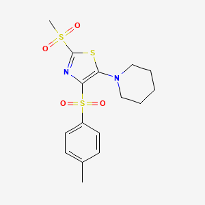 molecular formula C16H20N2O4S3 B3526491 1-[2-Methanesulfonyl-4-(4-methylbenzenesulfonyl)-1,3-thiazol-5-YL]piperidine 
