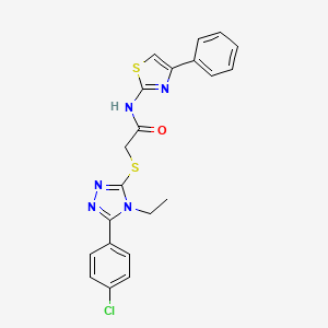 molecular formula C21H18ClN5OS2 B3527326 2-{[5-(4-chlorophenyl)-4-ethyl-4H-1,2,4-triazol-3-yl]sulfanyl}-N-(4-phenyl-1,3-thiazol-2-yl)acetamide 