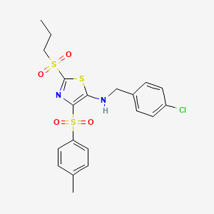 molecular formula C20H21ClN2O4S3 B3527839 N-[(4-CHLOROPHENYL)METHYL]-4-(4-METHYLBENZENESULFONYL)-2-(PROPANE-1-SULFONYL)-1,3-THIAZOL-5-AMINE 
