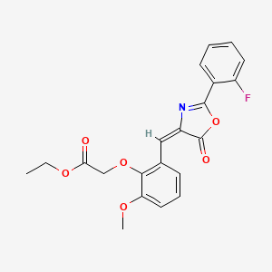 molecular formula C21H18FNO6 B3528011 ethyl 2-[2-[(E)-[2-(2-fluorophenyl)-5-oxo-1,3-oxazol-4-ylidene]methyl]-6-methoxyphenoxy]acetate 