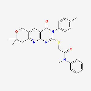 molecular formula C28H28N4O3S B3529861 2-[[13,13-dimethyl-6-(4-methylphenyl)-7-oxo-12-oxa-2,4,6-triazatricyclo[8.4.0.03,8]tetradeca-1,3(8),4,9-tetraen-5-yl]sulfanyl]-N-methyl-N-phenylacetamide 