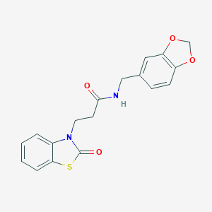 molecular formula C18H16N2O4S B353060 N-(1,3-benzodioxol-5-ylmethyl)-3-(2-oxo-1,3-benzothiazol-3(2H)-yl)propanamide CAS No. 851989-67-8