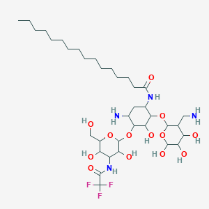 molecular formula C36H65F3N4O13 B035337 N-[5-amino-2-[3-(aminomethyl)-4,5,6-trihydroxyoxan-2-yl]oxy-4-[3,5-dihydroxy-6-(hydroxymethyl)-4-[(2,2,2-trifluoroacetyl)amino]oxan-2-yl]oxy-3-hydroxycyclohexyl]hexadecanamide CAS No. 106190-45-8