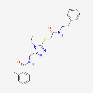 molecular formula C23H27N5O2S B3535290 N-[[4-ethyl-5-[2-oxo-2-(2-phenylethylamino)ethyl]sulfanyl-1,2,4-triazol-3-yl]methyl]-2-methylbenzamide 