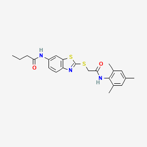 molecular formula C22H25N3O2S2 B3535519 N-[2-[2-oxo-2-(2,4,6-trimethylanilino)ethyl]sulfanyl-1,3-benzothiazol-6-yl]butanamide 