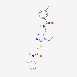 molecular formula C22H25N5O2S B3537676 N-[[4-ethyl-5-[2-(2-methylanilino)-2-oxoethyl]sulfanyl-1,2,4-triazol-3-yl]methyl]-3-methylbenzamide 