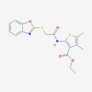 molecular formula C18H18N2O4S2 B354014 ethyl 2-{[(1,3-benzoxazol-2-ylsulfanyl)acetyl]amino}-4,5-dimethyl-3-thiophenecarboxylate CAS No. 736957-03-2