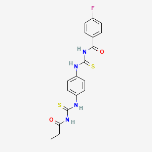 molecular formula C18H17FN4O2S2 B3540192 4-fluoro-N-({4-[(propanoylcarbamothioyl)amino]phenyl}carbamothioyl)benzamide 