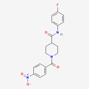 molecular formula C19H18FN3O4 B3540261 N-(4-fluorophenyl)-1-(4-nitrobenzoyl)-4-piperidinecarboxamide 