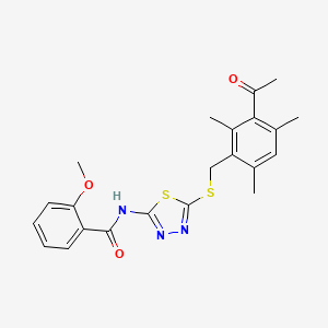 molecular formula C22H23N3O3S2 B3541051 N-{5-[(3-acetyl-2,4,6-trimethylbenzyl)thio]-1,3,4-thiadiazol-2-yl}-2-methoxybenzamide 