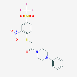 molecular formula C19H18F3N3O5S2 B3543647 2-[2-Nitro-4-(trifluoromethylsulfonyl)phenyl]sulfanyl-1-(4-phenylpiperazin-1-yl)ethanone 