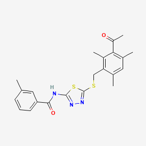 molecular formula C22H23N3O2S2 B3548483 N-{5-[(3-acetyl-2,4,6-trimethylbenzyl)sulfanyl]-1,3,4-thiadiazol-2-yl}-3-methylbenzamide 