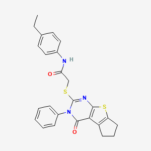 molecular formula C25H23N3O2S2 B3556199 N-(4-ethylphenyl)-2-[(4-oxo-3-phenyl-3,5,6,7-tetrahydro-4H-cyclopenta[4,5]thieno[2,3-d]pyrimidin-2-yl)sulfanyl]acetamide 