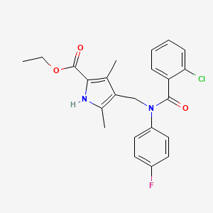 molecular formula C23H22ClFN2O3 B3557687 ETHYL 4-{[1-(2-CHLOROPHENYL)-N-(4-FLUOROPHENYL)FORMAMIDO]METHYL}-3,5-DIMETHYL-1H-PYRROLE-2-CARBOXYLATE 