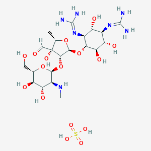 bis(1-[(1S,2R,3R,4S,5R,6S)-5-(diaminomethylideneamino)-2-[(2R,3R,4R,5S)-3-[(2S,3S,4S,5R,6S)-4,5-dihydroxy-6-(hydroxymethyl)-3-(methylamino)oxan-2-yl]oxy-4-formyl-4-hydroxy-5-methyloxolan-2-yl]oxy-3,4,6-trihydroxycyclohexyl]guanidine);sulfuric acid