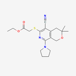 molecular formula C19H25N3O3S B3563964 ETHYL 2-{[5-CYANO-3,3-DIMETHYL-8-(PYRROLIDIN-1-YL)-1H,3H,4H-PYRANO[3,4-C]PYRIDIN-6-YL]SULFANYL}ACETATE 