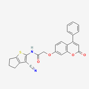 molecular formula C25H18N2O4S B3565853 N-(3-cyano-5,6-dihydro-4H-cyclopenta[b]thiophen-2-yl)-2-((2-oxo-4-phenyl-2H-chromen-7-yl)oxy)acetamide 