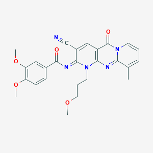 molecular formula C26H25N5O5 B356627 N-[5-Cyano-7-(3-methoxypropyl)-11-methyl-2-oxo-1,7,9-triazatricyclo[8.4.0.03,8]tetradeca-3(8),4,9,11,13-pentaen-6-ylidene]-3,4-dimethoxybenzamide CAS No. 848206-04-2
