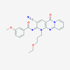 molecular formula C25H23N5O4 B356706 N-[5-Cyano-7-(3-ethoxypropyl)-2-oxo-1,7,9-triazatricyclo[8.4.0.03,8]tetradeca-3(8),4,9,11,13-pentaen-6-ylidene]-3-methoxybenzamide CAS No. 850737-77-8