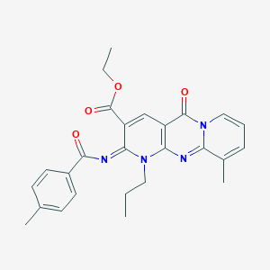 molecular formula C26H26N4O4 B356763 Ethyl 11-methyl-6-(4-methylbenzoyl)imino-2-oxo-7-propyl-1,7,9-triazatricyclo[8.4.0.03,8]tetradeca-3(8),4,9,11,13-pentaene-5-carboxylate CAS No. 844855-41-0