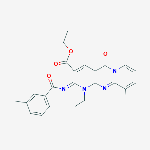 molecular formula C26H26N4O4 B356764 Ethyl 11-methyl-6-(3-methylbenzoyl)imino-2-oxo-7-propyl-1,7,9-triazatricyclo[8.4.0.03,8]tetradeca-3(8),4,9,11,13-pentaene-5-carboxylate CAS No. 844861-44-5