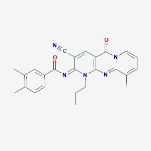 molecular formula C25H23N5O2 B356772 N-(5-Cyano-11-methyl-2-oxo-7-propyl-1,7,9-triazatricyclo[8.4.0.03,8]tetradeca-3(8),4,9,11,13-pentaen-6-ylidene)-3,4-dimethylbenzamide CAS No. 872120-14-4